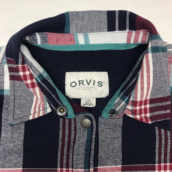 Orvis Red and Blue Plaid Flannel Shirt Jacket Size Large Fleece Lined Outdoor - Picture 5 of 13